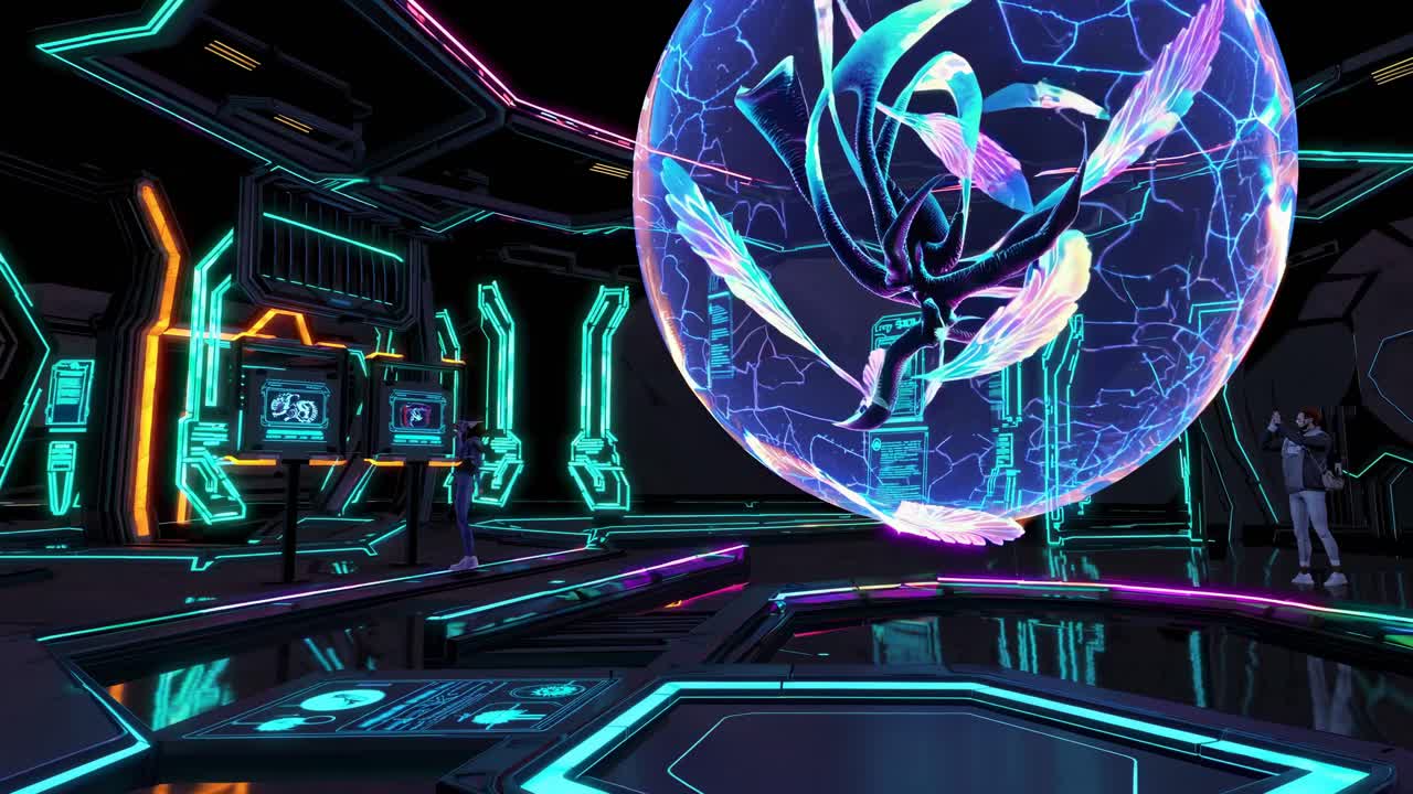Futuristic Exhibition Hall with Glowing Sphere and Dragonfly