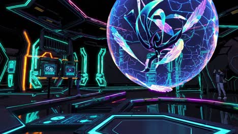futuristic exhibition hall with glowing sphere and dragonfly