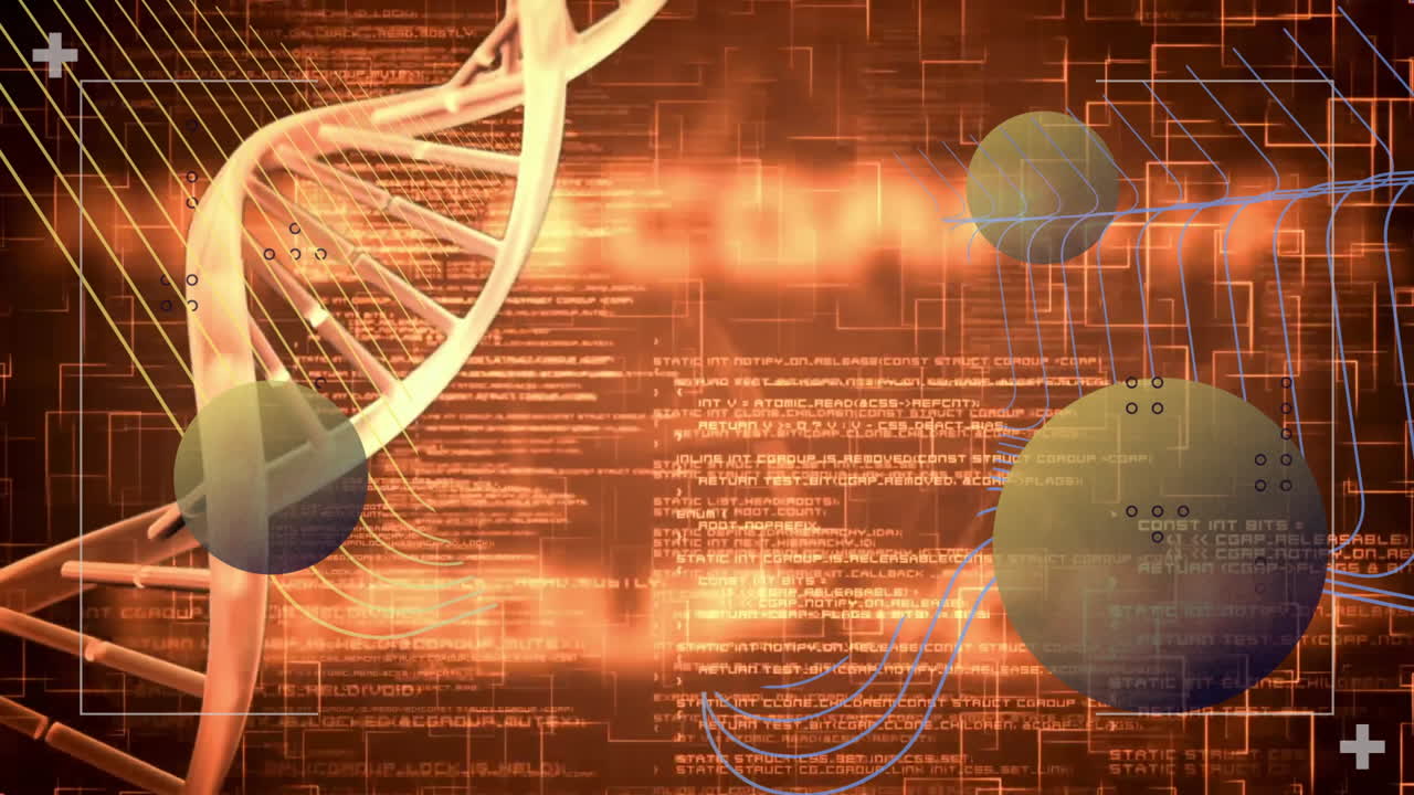 DNA double helix winding upward on left, with floating green nodes and glowing code overlays