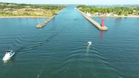 slow push in toward muskegon lake from above lake michigan