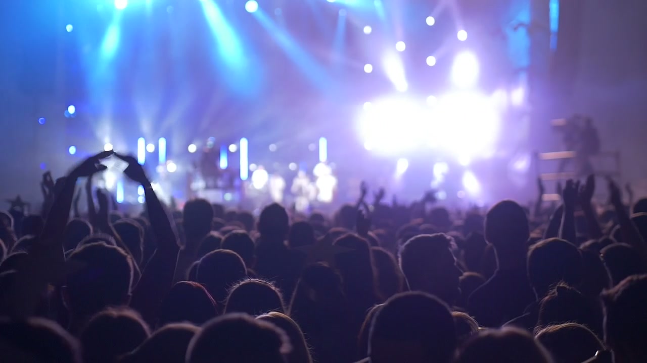 Público Animado Desfrutando de um Show ao Vivo com Luzes de Palco Brilhantes