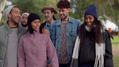 walking, talking and friends in a park