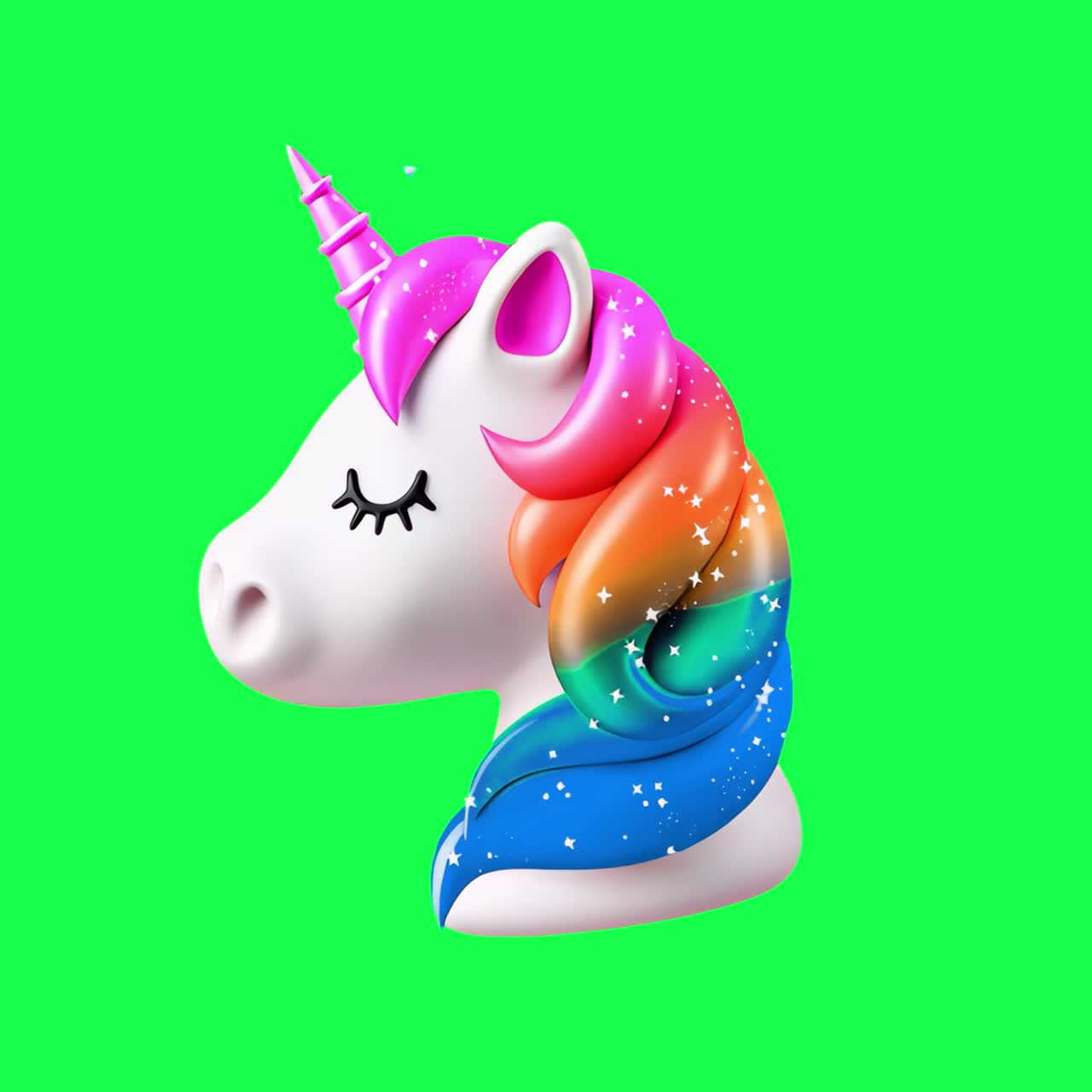 Cute and colorful unicorn animation, transparent 4K video, green screen