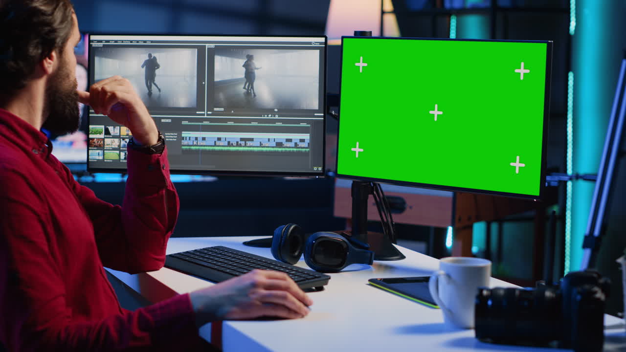 Videographer splicing film pieces, editing them using professional software on mockup computer