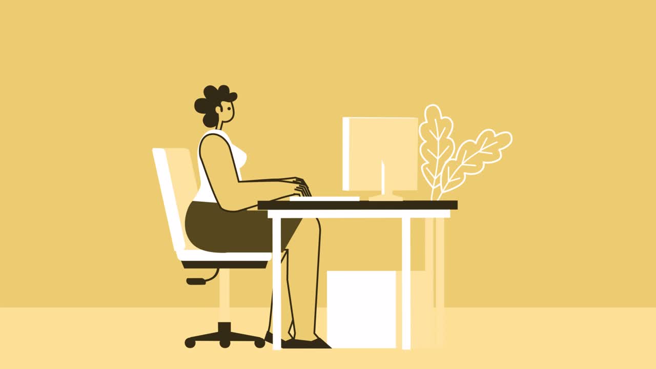 노란색 스타일의 여성은 컴퓨터를 가진 평평한 캐릭터로 직장에서 문제가 있고 화를 내고 있습니다. 알파 채널과 함께 고립 된 루프 애니메이션