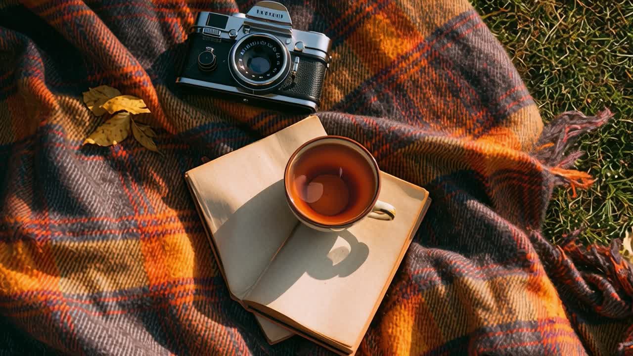 Cozy Autumn Vibes: Capturing Moments with a Vintage Camera, a Warm Cup of Tea, and an Open Book on a Plaid Blanket in a Serene Outdoor Setting