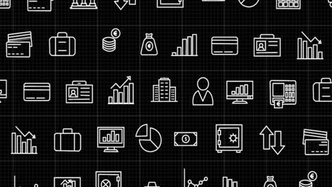 Animation-of-rows-of-business-icons-moving-on-black-background