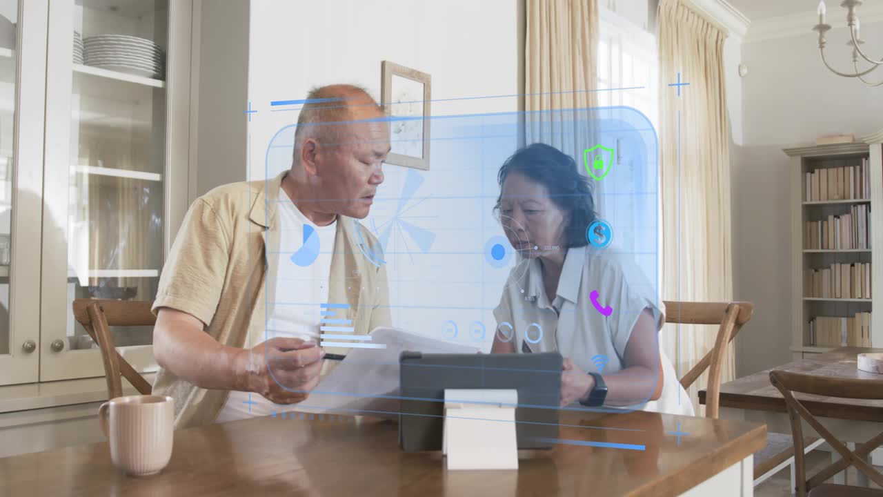 Man pointing papers while woman checking tablet, animated finance charts appearing to compare bills