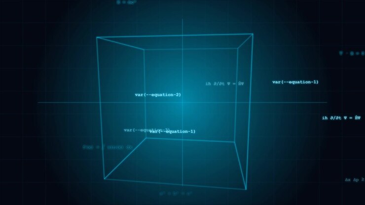 Roterende 3D geometrisk terning med matematiske ligninger og data