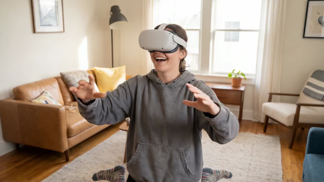 Adulto sorridente con felpa con cappuccio e scena di realtà virtuale che inizia, che forma un triangolo con le dita su un tappeto con un visore VR