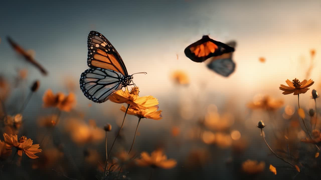 Una Scena Accattivante di Farfalle Monarca che Danzano tra Fiori Arancioni Vivaci Contro uno Sfondo Splendidamente Sognante al Crepuscolo