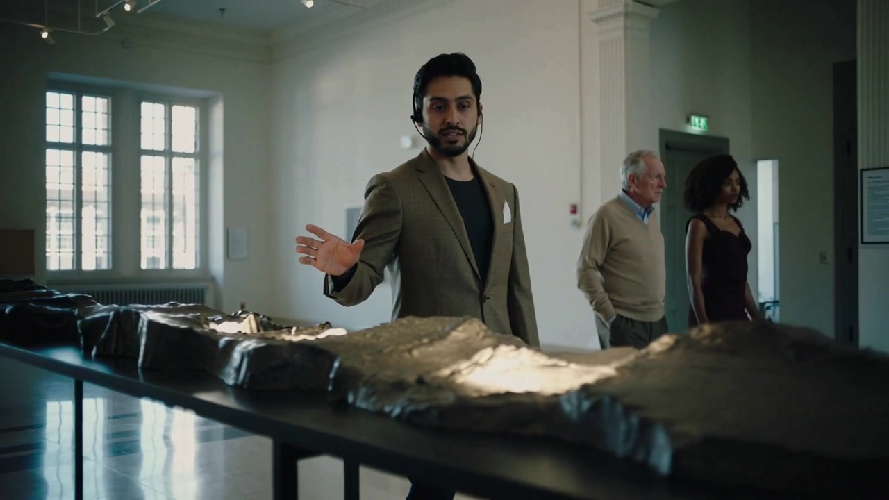 Samtalet inleds, värd i kavaj och headset beskriver gallerirelief, besökare kommer in och går sedan ut
