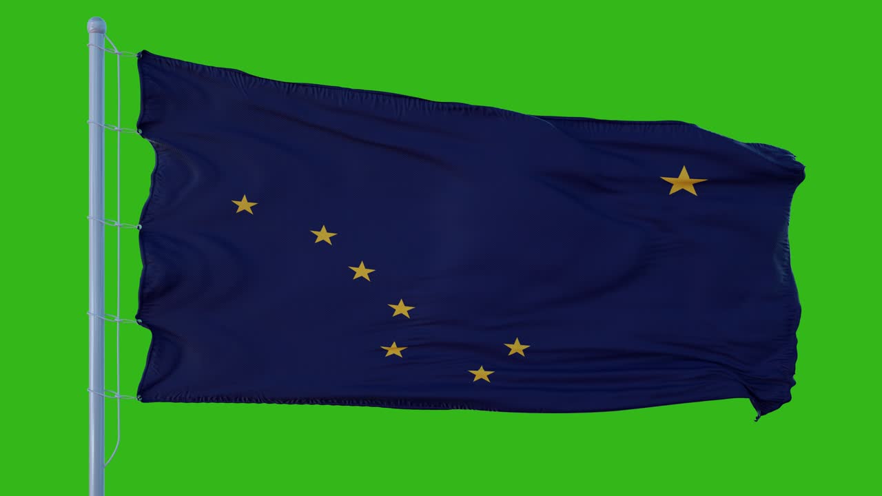 Alaskan osavaltion lippu liehuu tuulessa green screen -taustaa vasten