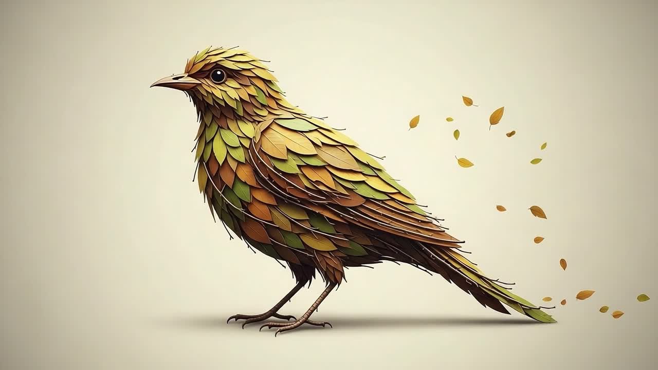 A Whimsical Bird Crafted from Vibrant Leaves and Textures, Captured in an Artistic Transition from Nature to Imagination in Two Frames