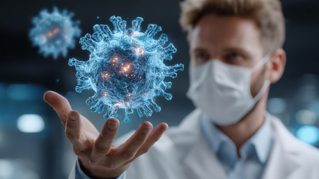 Expert Scientist Demonstrates the Complex Structures of Viruses Through Advanced Visualization Techniques While Wearing Protective Gear