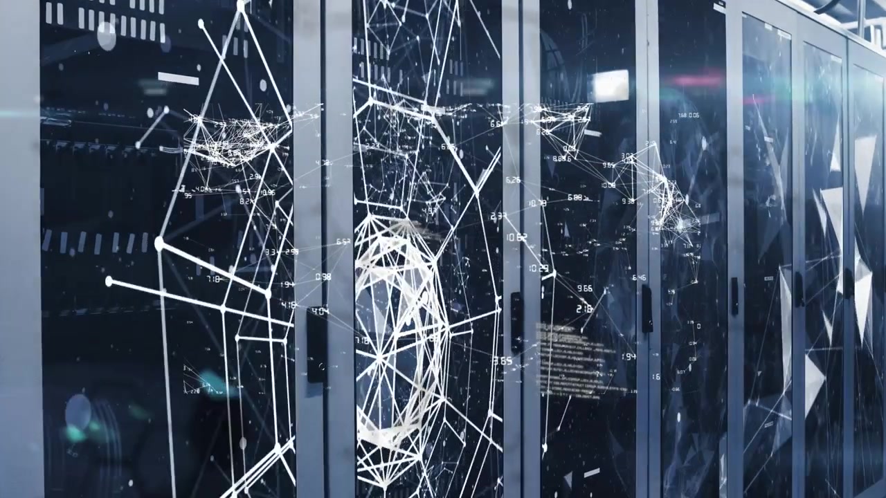 Network of connections and plexus network against close up of computer servers