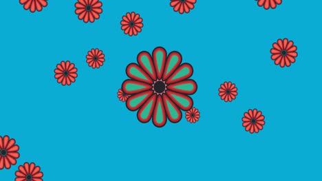 Animation-of-multiple-red-flowers-moving-over-blue-background