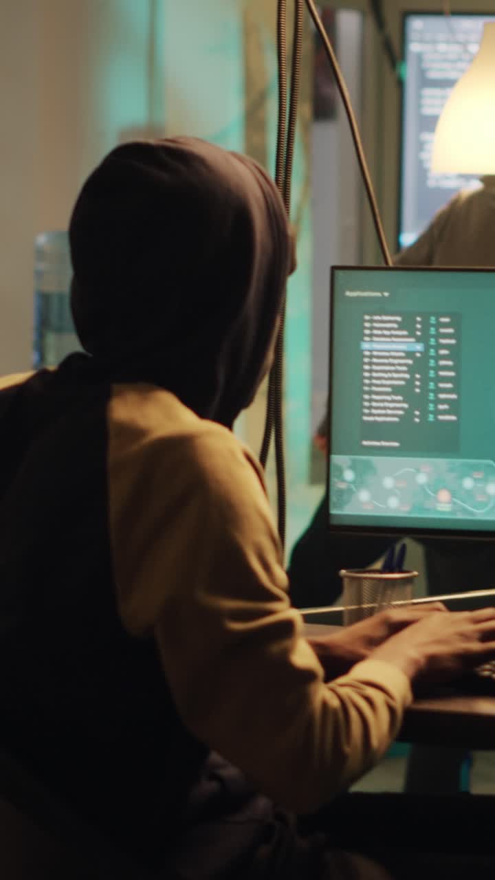 Vertical video: Mysterious hacker breaking into pc system with trojan virus
