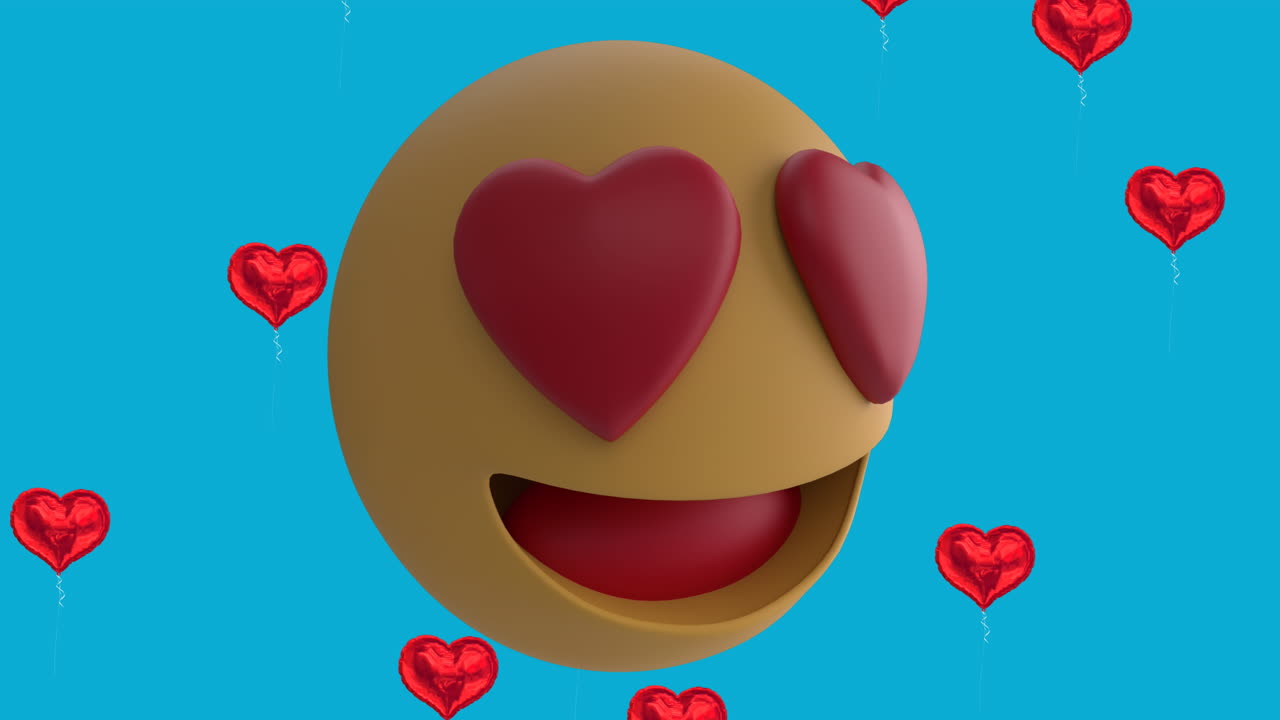 animación del icono de emoji sonriente con corazones rojos con iconos de globos de corazón rojo sobre fondo azul