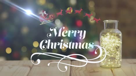 Animation-of-merry-christmas-text-over-blurred-christmas-tree-in-background