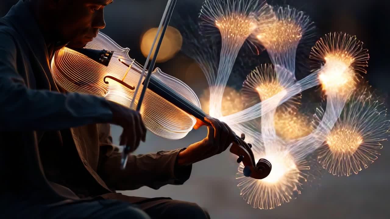 An Enchanting Performance: A Skilled Musician Delicately Plays the Violin, Creating a Mesmerizing Display of Light and Sound That Captivates the Audience's Imagination