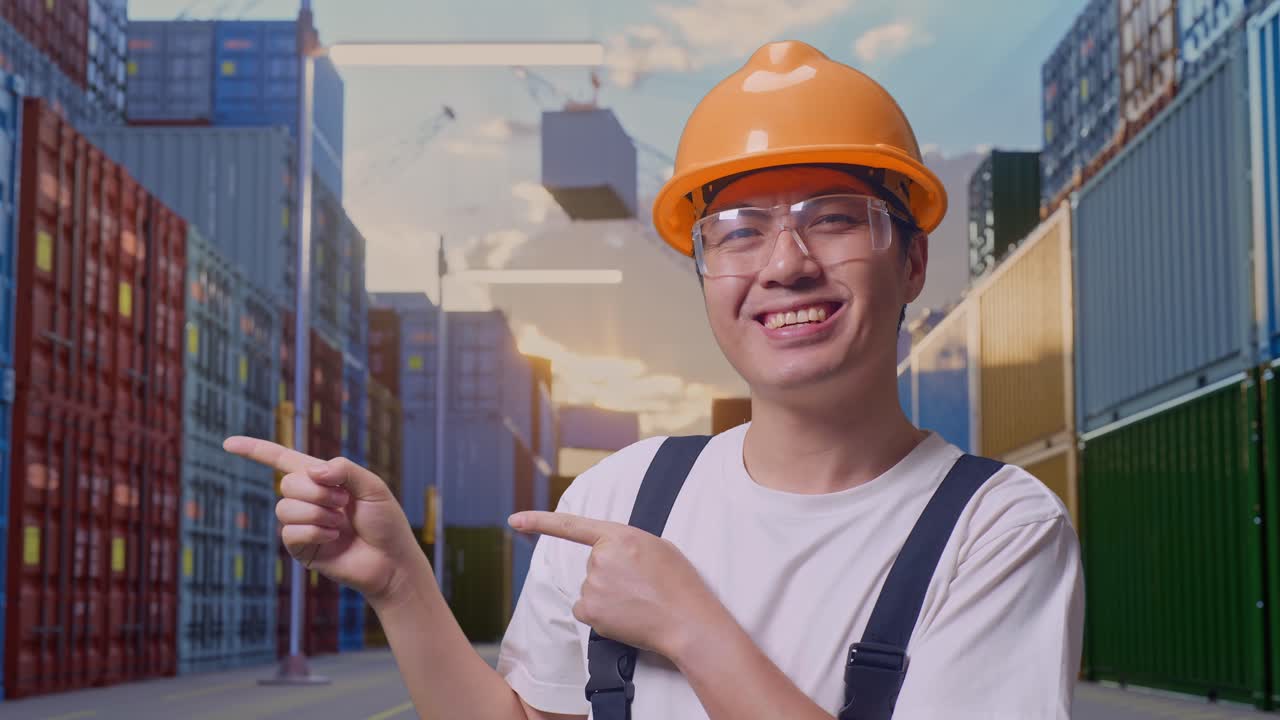 Close Up Of Asian Man Worker Wearing Goggles And Safety Helmet Smiling And Pointing To Side While Standing At Container Yard Warehouse