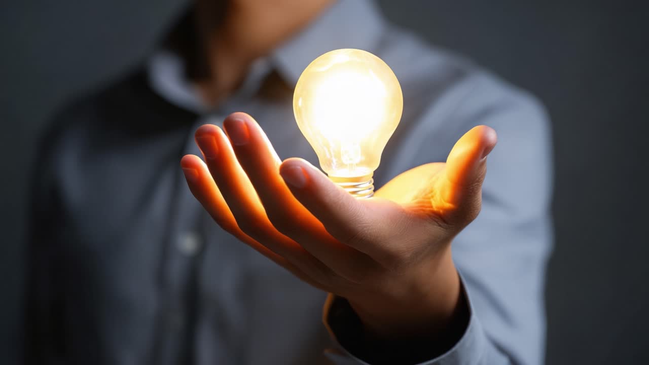 A person holds a glowing light bulb in their hand, symbolizing ideas, innovation, and creativity, showcasing the power of illumination and inspiration