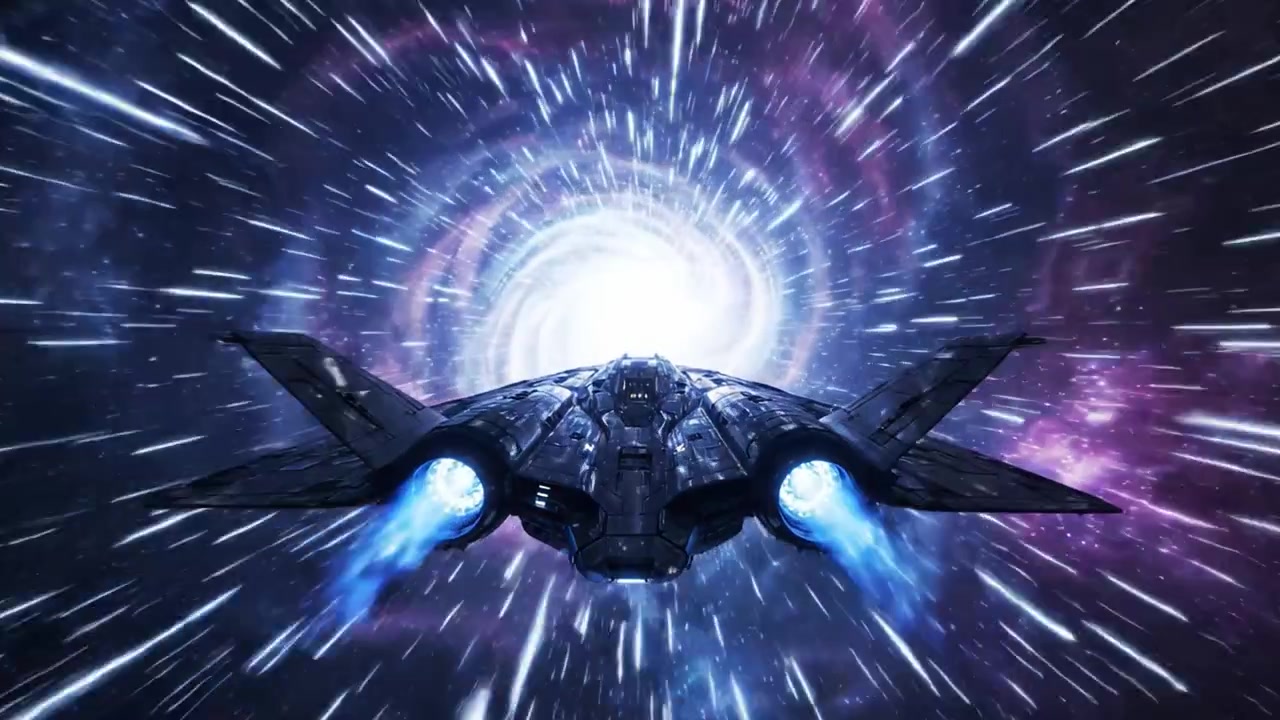 Un'astronave futuristica naviga attraverso un vivace wormhole cosmico, spinta da propulsori intensi, mentre si avvicina a un brillante centro di luce in un universo stellato