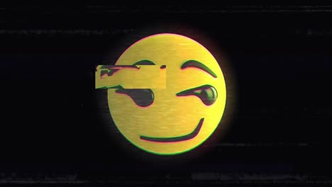 Digital-animation-of-glitch-effect-over-smirk-face-emoji-against-black-background