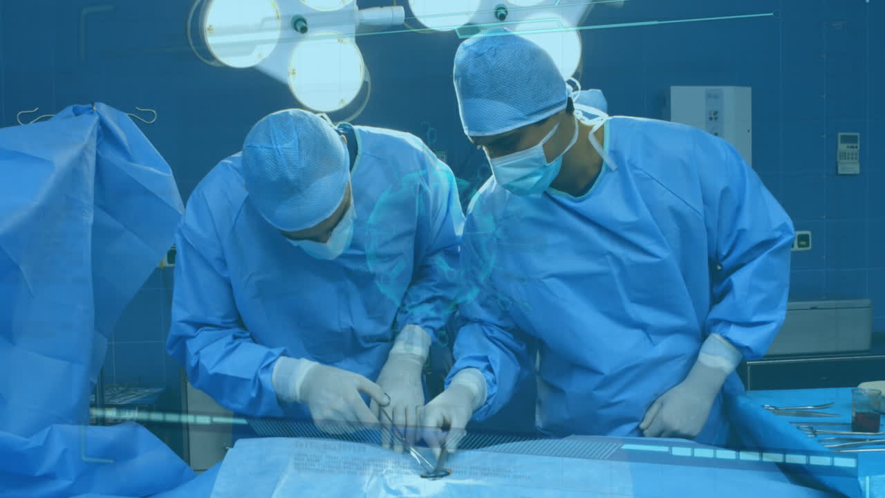 얼굴 마스크를 착용한 다양한 외과 의사에 대한 코로나19 세포의 애니메이션