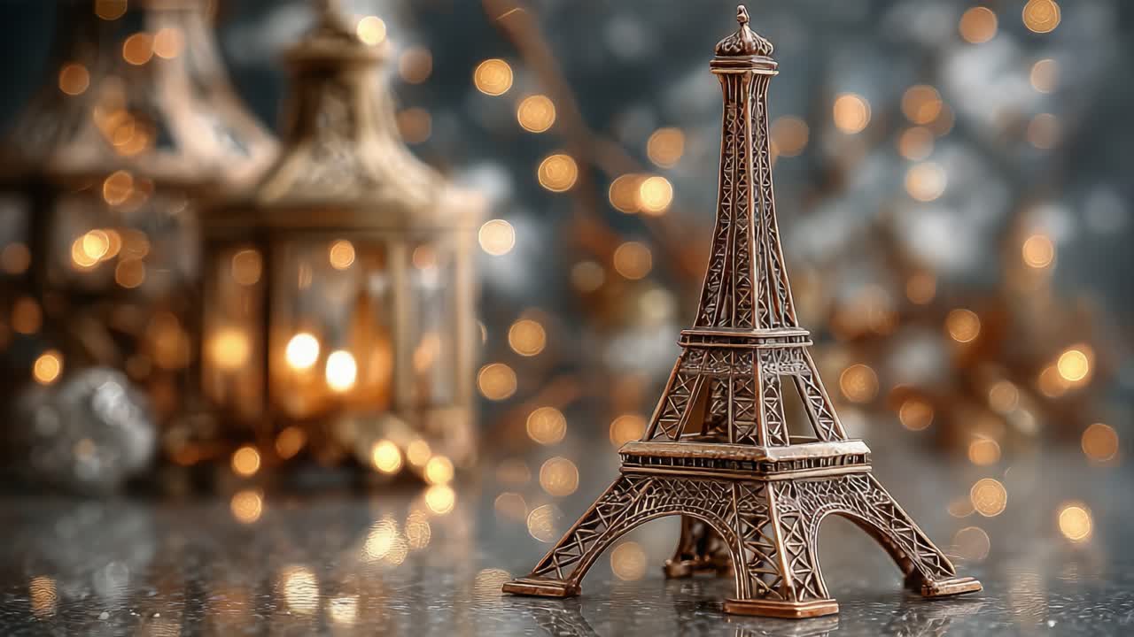 Affascinante Torre Eiffel in miniatura su uno sfondo scintillante di luci bokeh soffuse, perfetta per evocare romanticismo e fascino parigino in qualsiasi ambiente.