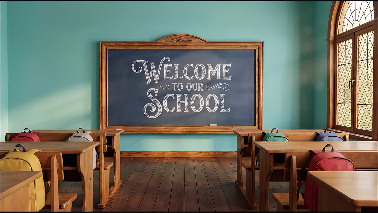 Aula classica con banchi di legno, zaini e un messaggio di benvenuto sulla lavagna, che crea un'atmosfera scolastica tradizionale.