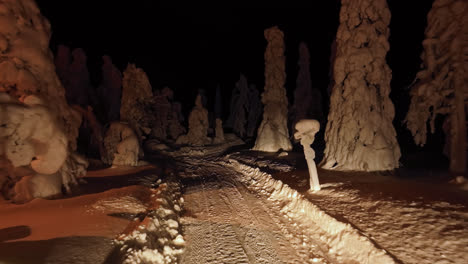 Aerial-view-flying-along-a-trail-in-middle-of-snow-covered-trees,-night-in-Lapland