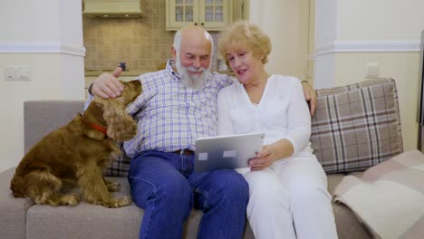 una vieja pareja casada usa una tableta en casa sentada en el sofá.