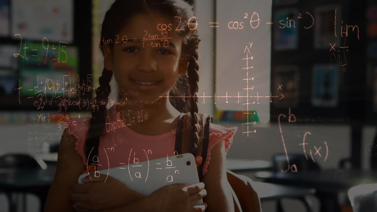 Animation of mathematical equations over schoolgirl using tablet