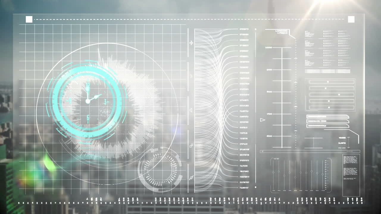 도시 풍경에 대한 데이터 처리와 디지털 인터페이스를 통해 네온 티킹 시계의 애니메이션