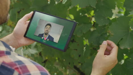 farmer consults with agricultural expert via video call in vineyard