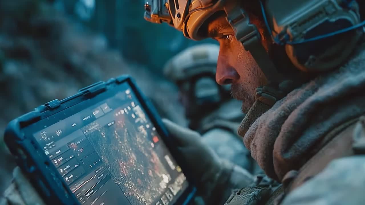 A soldier intently studies tactical data on a high-tech device during a mission, demonstrating focus and teamwork in a challenging environment