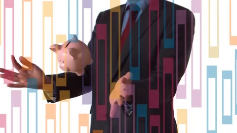 Animation-of-colourful-geometric-pattern-over-businessman-throwing-and-catching-piggybank