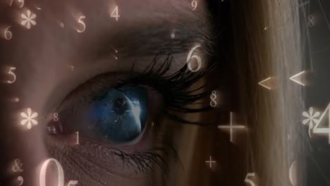 Number-and-mathematics-symbols-falling-on-a-woman-eye