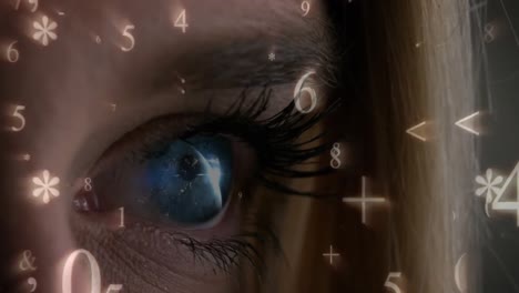 number and mathematics symbols falling on a woman eye