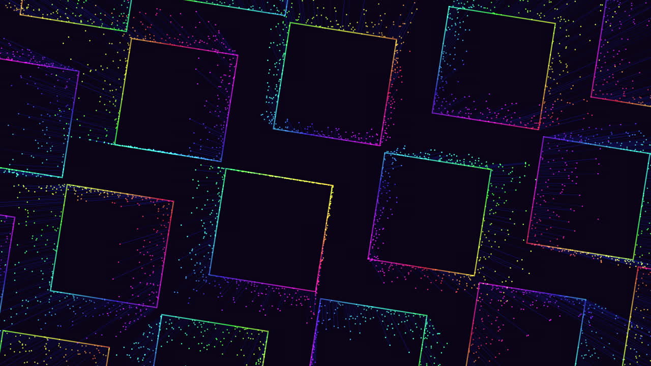 작은 동작 점과 선이 있는 미래형 무지개 사각형 패턴