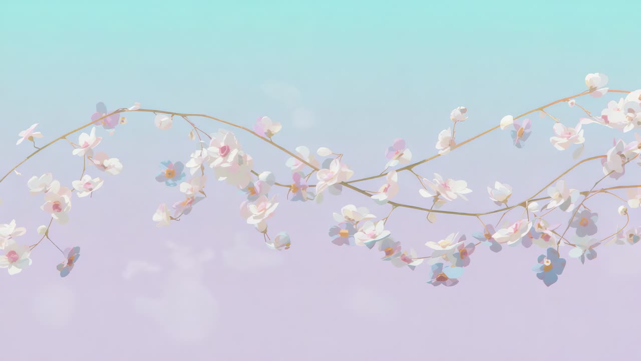 Swaying decorative vine responding to subtle wave, shifting across pastel backdrop with blossoms