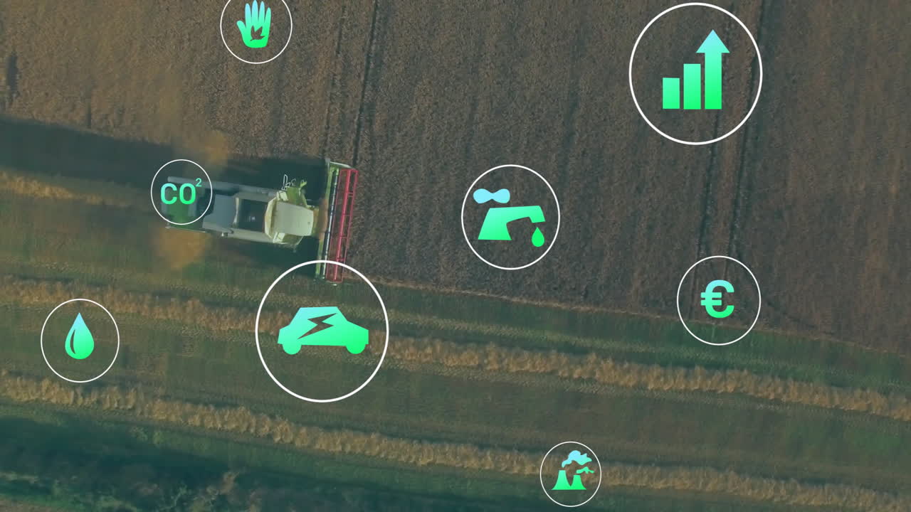 Combine harvester being animated cutting crops into strips leaving stubble, floating eco icons