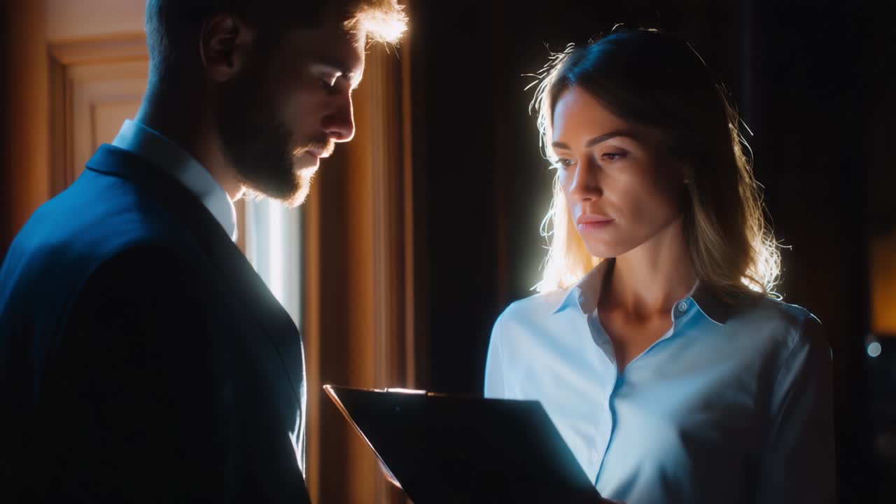 Riunione intensa tra due professionisti in una stanza scarsamente illuminata con illuminazione drammatica, che enfatizza le loro espressioni e l'importante documento che stanno esaminando insieme, mostrando la profondità della loro interazione