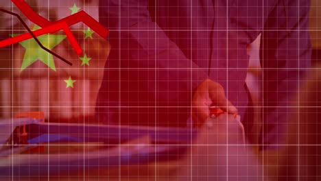 animation of financial data processing, flag of china over male worker in factory