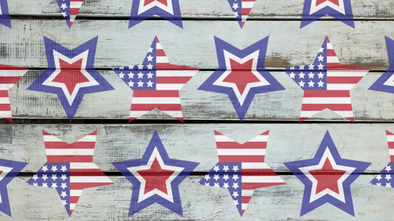 Animation of stars coloured in american flag over wooden background