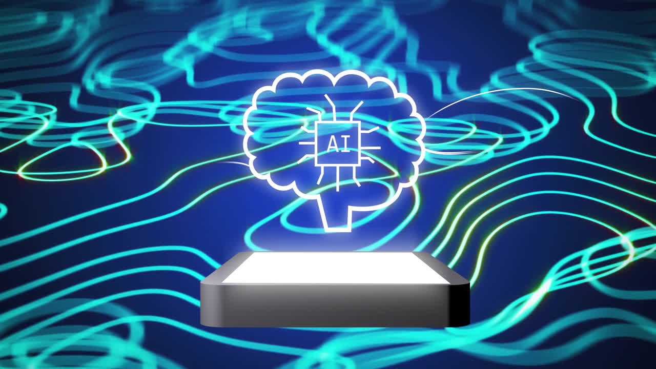 脳とタブレット上のaiデータ処理のアニメーションと転送トレイル