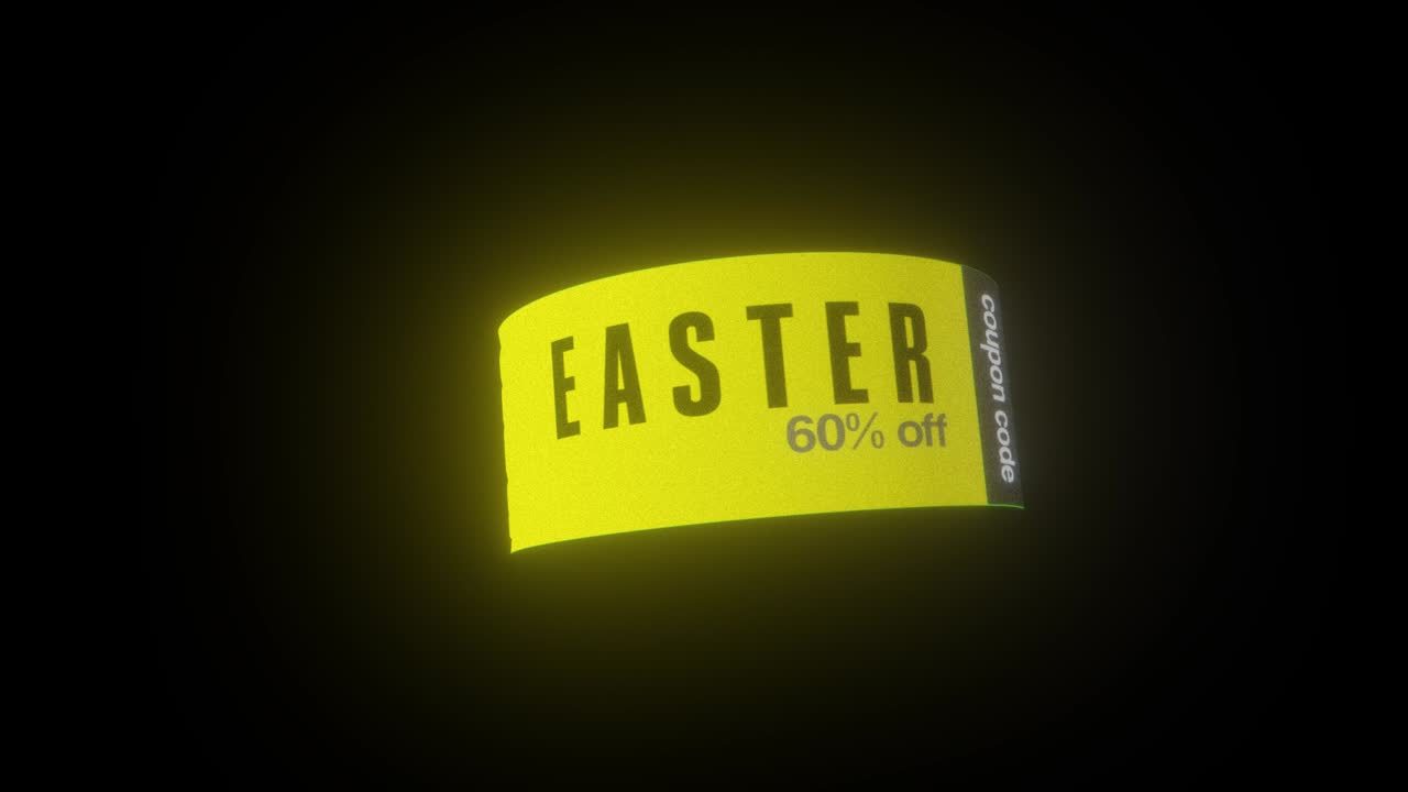 Animated Easter discount coupon with a flying paper effect on a glowing dark background. The bold yellow and black color scheme enhances the dynamic motion for a striking promotional look.