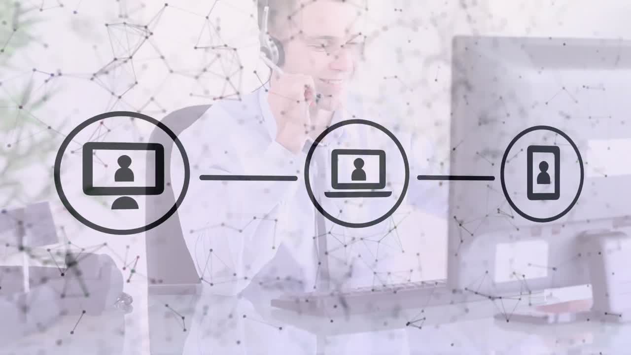 animación de la red de conexiones e iconos sobre un hombre de negocios con auriculares